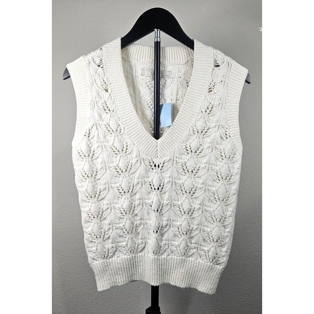 NWT LOFT Petite XS White Pointelle Knit Sweater‎ Vest V-Neck Cotton Preppy Boho